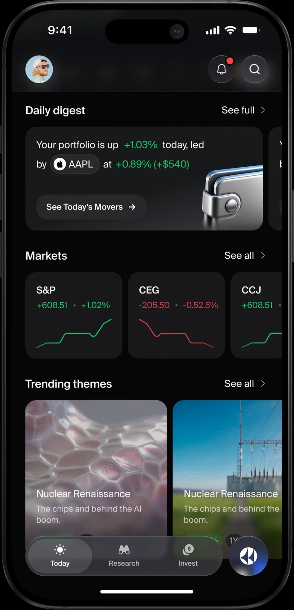 Astor app showing the daily digest and market movers