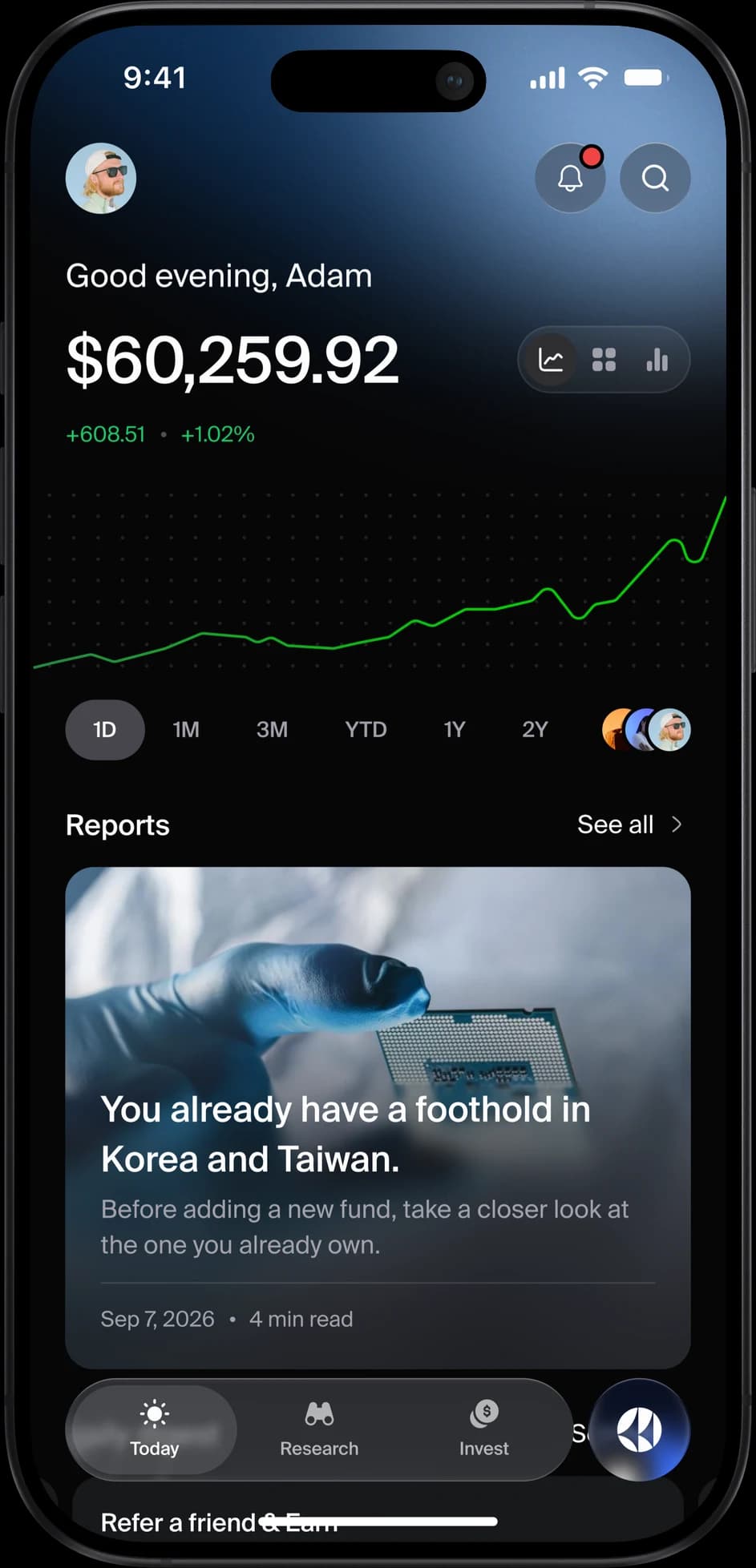 Astor app home screen with portfolio value and chart