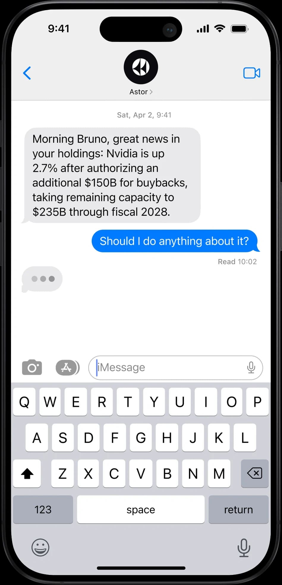 Astor texting in iMessage about a holding in the portfolio